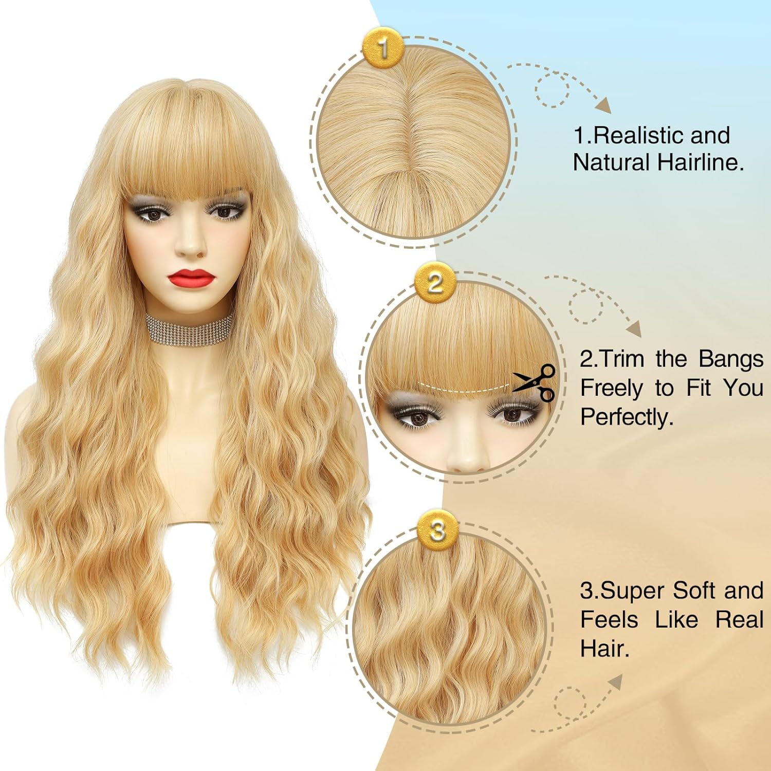 Verna Blonde Wig with Bangs - 26-Inch Curly Wavy Natural Looking Synthetic Wig, Heat Resistant, Middle Part Style for Daily Party Use