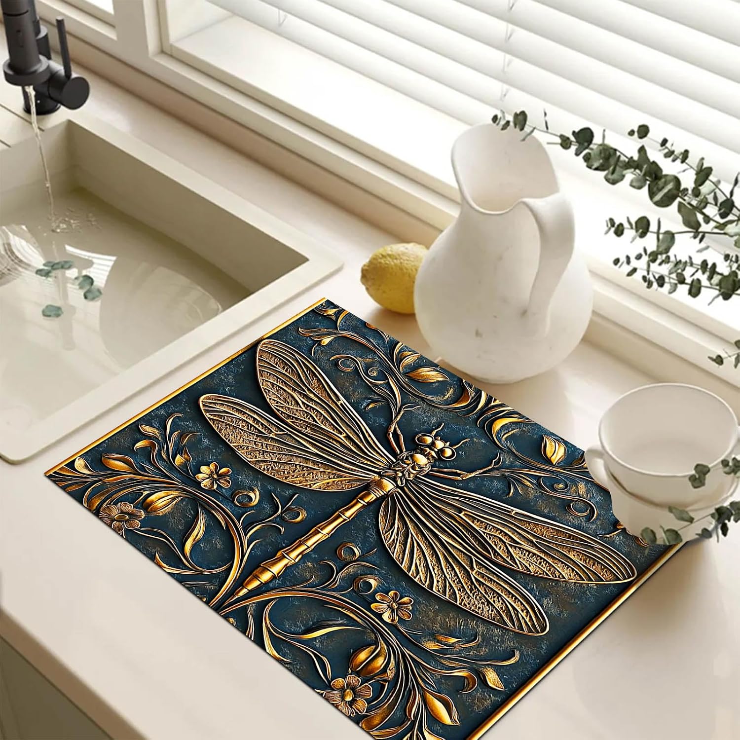 HOMETITUTE Golden Dragonfly Stove Top Cover 28x20 Inch Diatomite Embossed Kitchen Decor Glass Cooktop Protector Heat Resistant Countertop Mat Stove Cover Elegant Pad