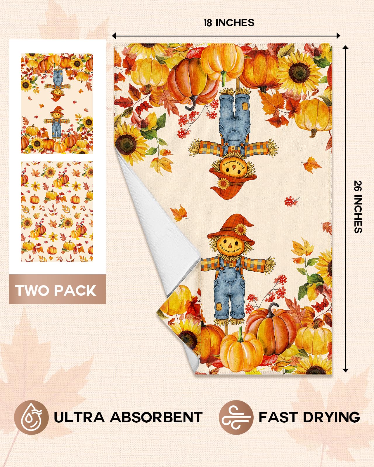Fall Kitchen Towels Set Of 2 – 18x26 Inch Absorbent Dish Towels With Autumn Pumpkin Design, Hanging Loop For Thanksgiving Harvest Decor