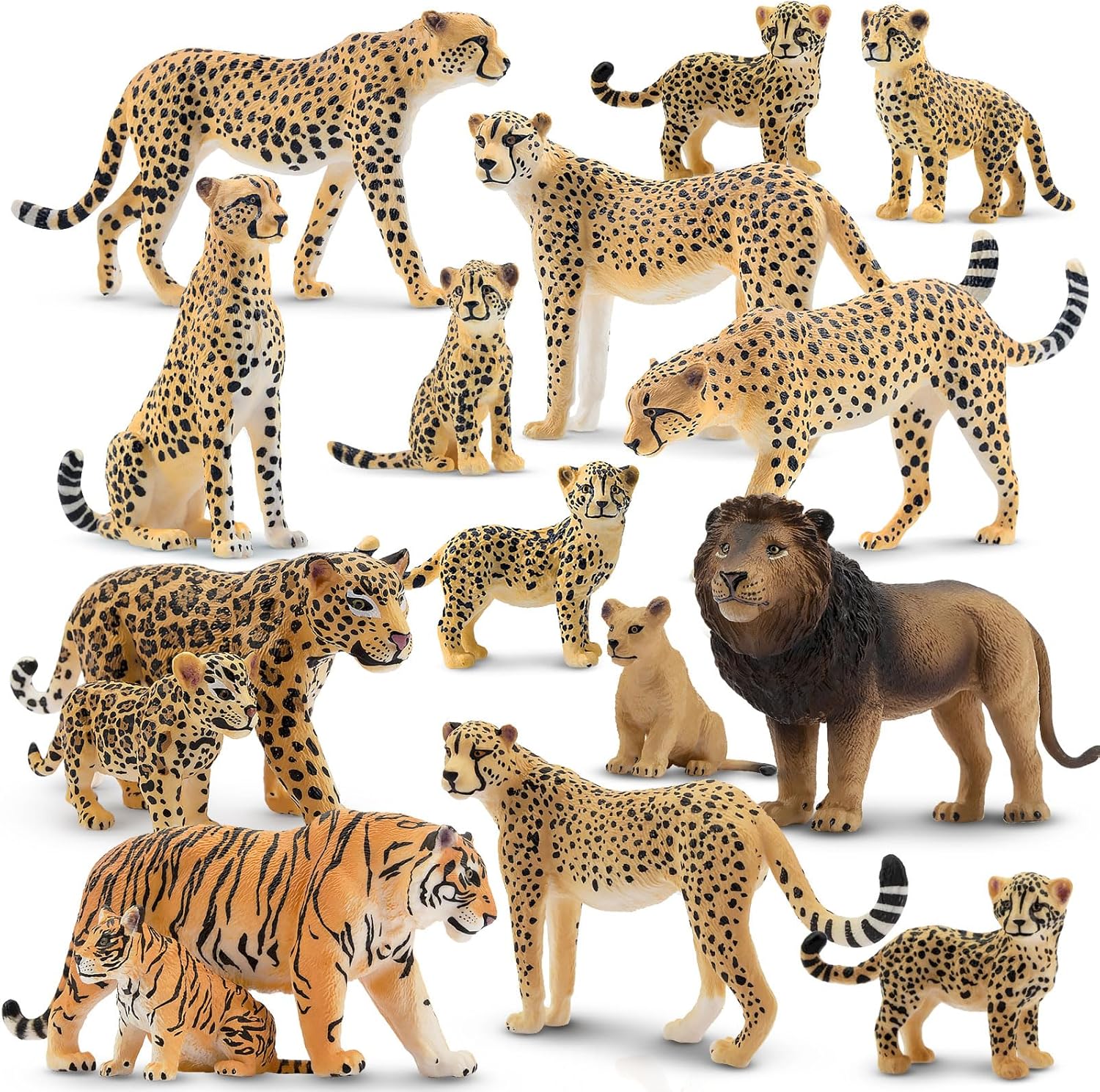 Toymany 16PCS Jungle Animals Figures Family Playset, Plastic Lion, Tiger, Cheetah and Jaguars Figures with Cubs, Cake Toppers Christmas Birthday Toy Gift for Kids