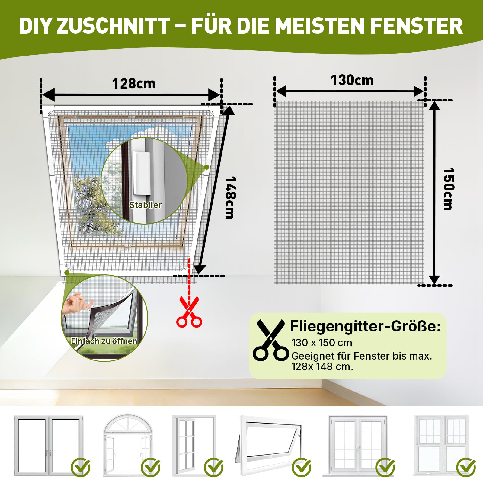 Fliegengitter Fenster Magnet, Insektenschutz Magnetfenster, zuschneidbar bis 130 x 150 cm, ohne Bohren, einfache Montage, Magnetrahmen mit reißfestem Glasfasergewebe, weißer Rahmen, graues Netz