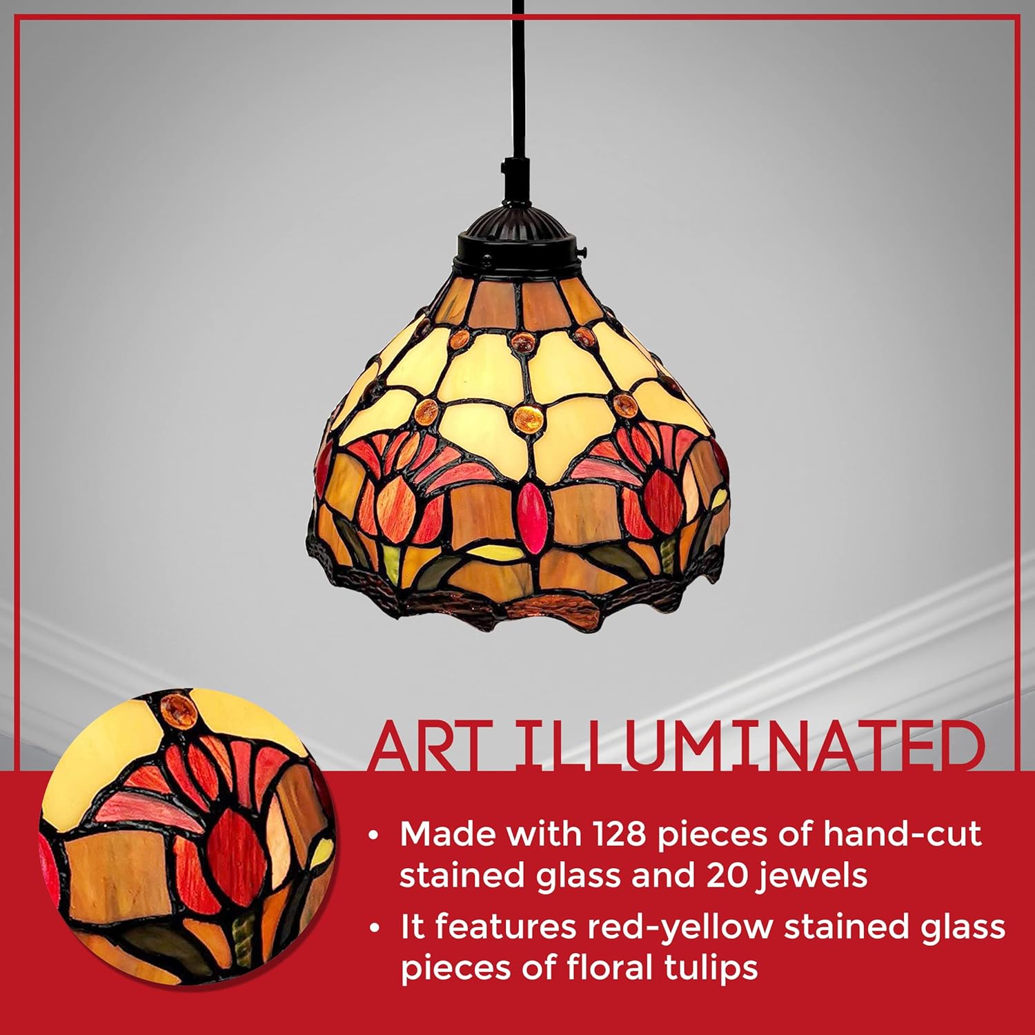 Amora Tiffany Hanging Lamp -8” Stained Glass Hanging Light Fixture with Red Floral Tulips - Antique Glass Light Pendant - Vintage Hanging Ceiling Lamp