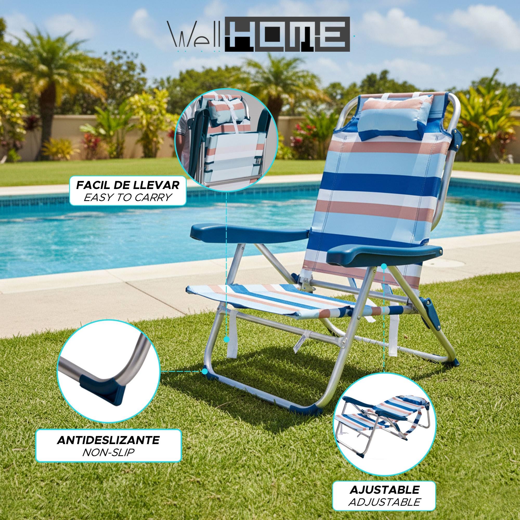 Well Home Silla Plegable de Camping/Playa reclinable con Almohada 64x63x32/82cm Aluminio anodizado, Rayas Azules, Tejido 600x300D hasta 110kg
