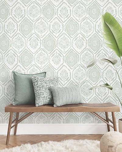 Miniatura 3 de HeloHo Papel tapiz de despegar y pegar, papel de pared verde y blanco, papel tapiz autoadhesivo extraíble moderno de granja para dormitorio, baño,