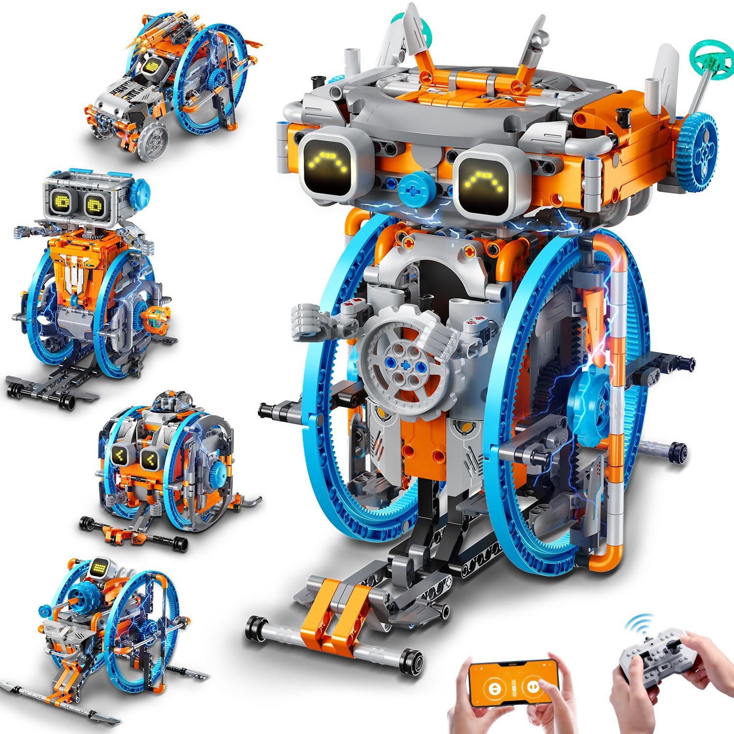 HiWEEGO RC Robot Toys with Changeable LED Eyes & Sound, App & Remote Control Rechargeable Robotics with Unqiue Wheel Design 5-in-1 Model Kit Gift for Kids Boys Girls Teens Age 12+ Years Old(783 PCS)