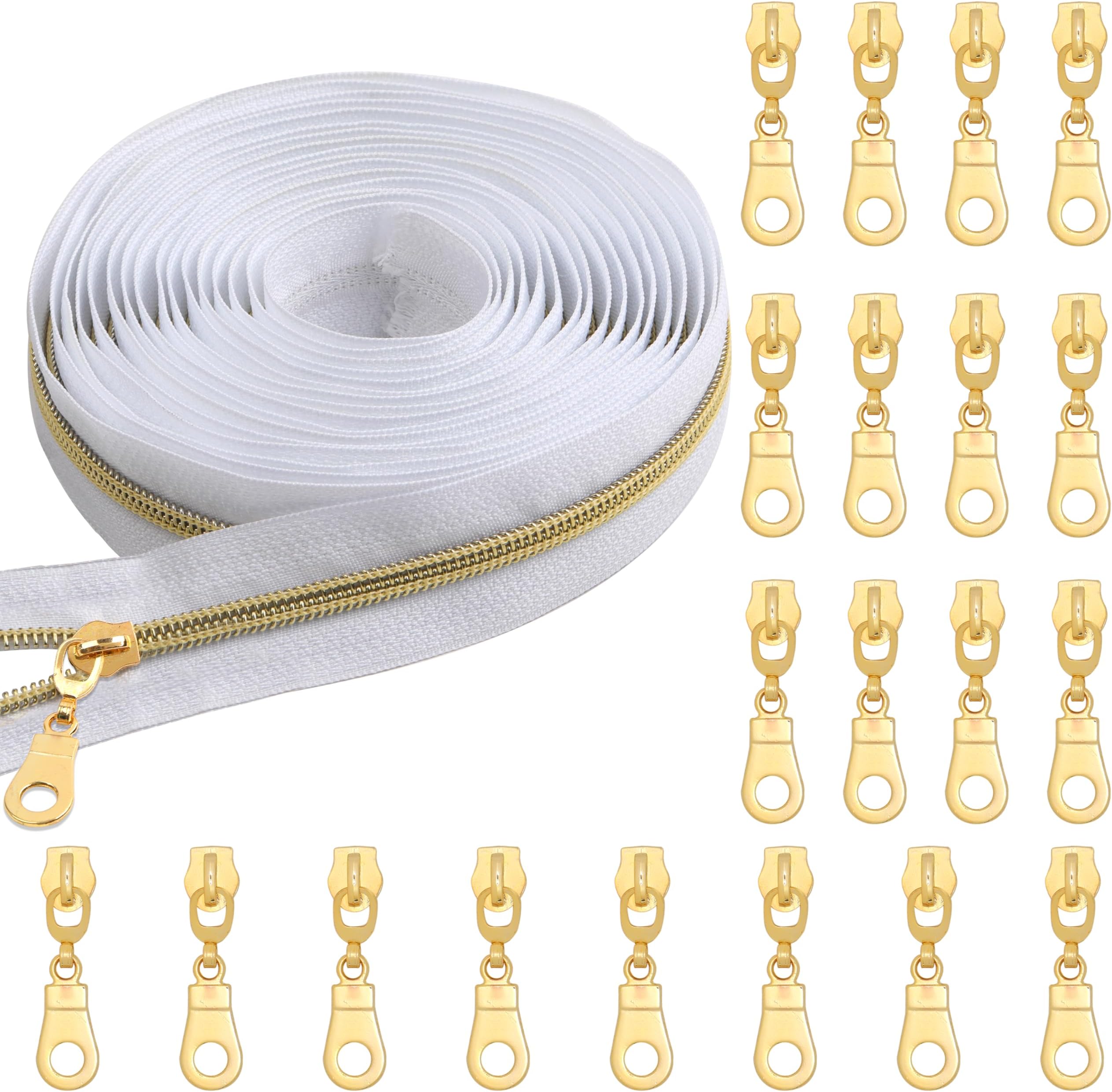 YAKA 5 Yards Bulk White Nylon Zippers 5# Gold Metallic Coil Zippers with 20pcs Gold Zipper Sliders Repair Kit for Jackets Luggage Backpack DIY Sewing Tailor Craft Bags and Clothing