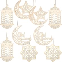 9 Pieces Ramadan Decorations for Home, Wooden Pendant Ornament Ramadan Kareem Hollow Moon Star Wind Light Shape Pendant Ornament Rustic Happy Eid Hanging Sign for Mubarak Eid Party Decorations