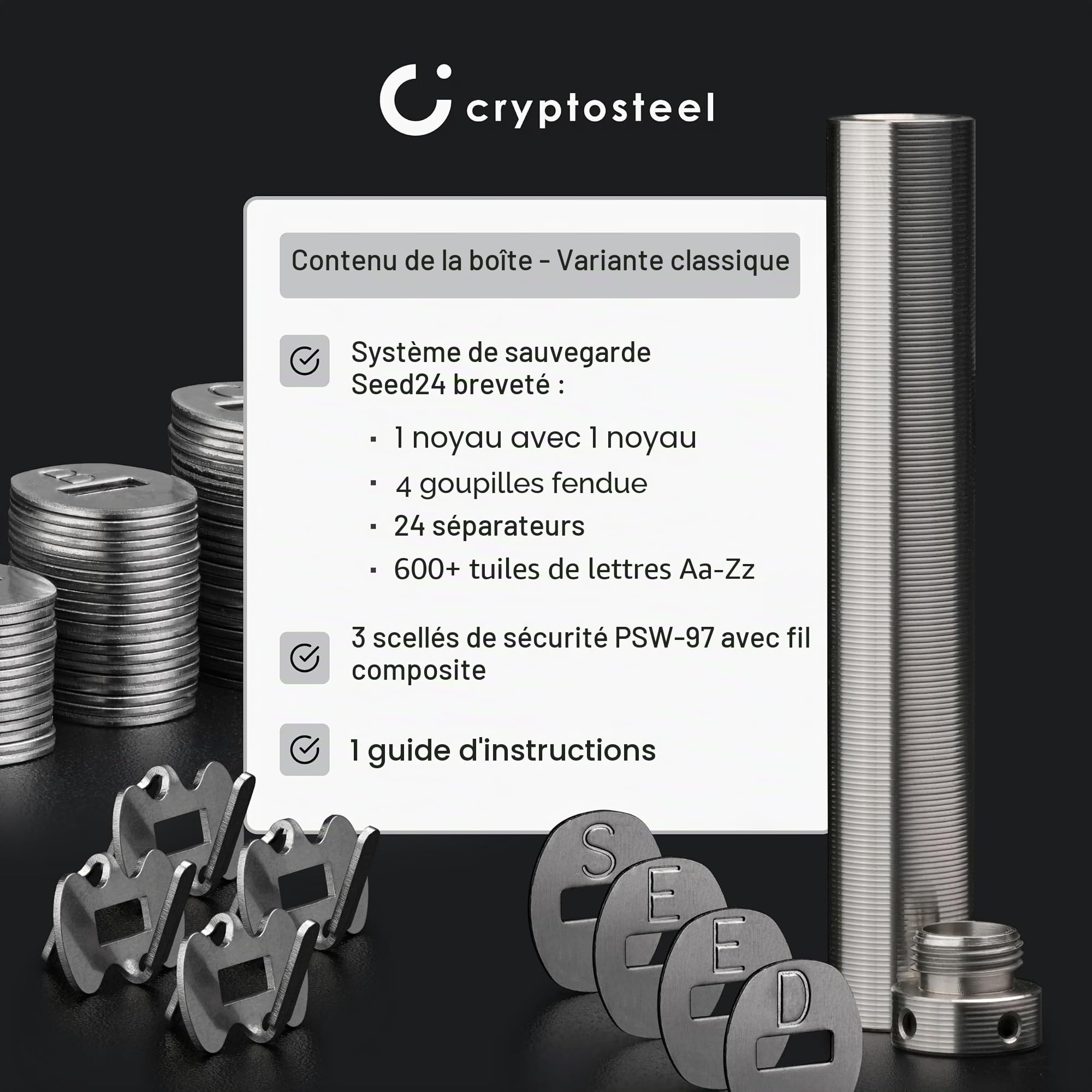 Cryptosteel Seed24 Solo - Seed phrase storage - Sauvegarde de phrase de récupération crypto - 24 mots et clés privées - Compatible portefeuilles BIP39