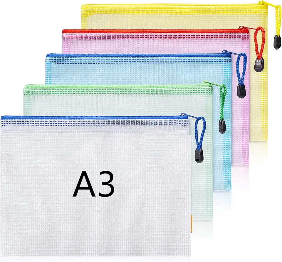 Plastic Wallets A3 Zip Wallets Ziplock Bags Plastic Mesh Document File Folder A3 Zipper Bag Zip Locked Bags - 5PCS