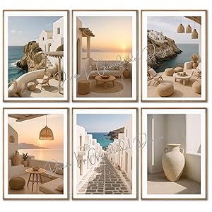Set de 6 láminas estilo mediterráneo y boho sin marco – arte de pared con paisajes de Mykonos e islas griegas, impresión en papel 300g – tamaños 30×42 (DINA3)o 21×30 cm (DINA4) (21x30 cm (DINA4))