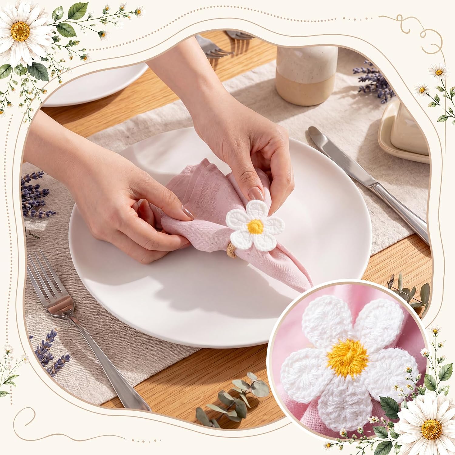 Patelai 30 Pcs Wedding Flower Napkin Rings White Embroidered Woven Floral Napkin Holders Table Decoration for Wedding Party, Home Banquet, Baby Shower Dinner Party, Summer, Holiday, Housewarming Gift