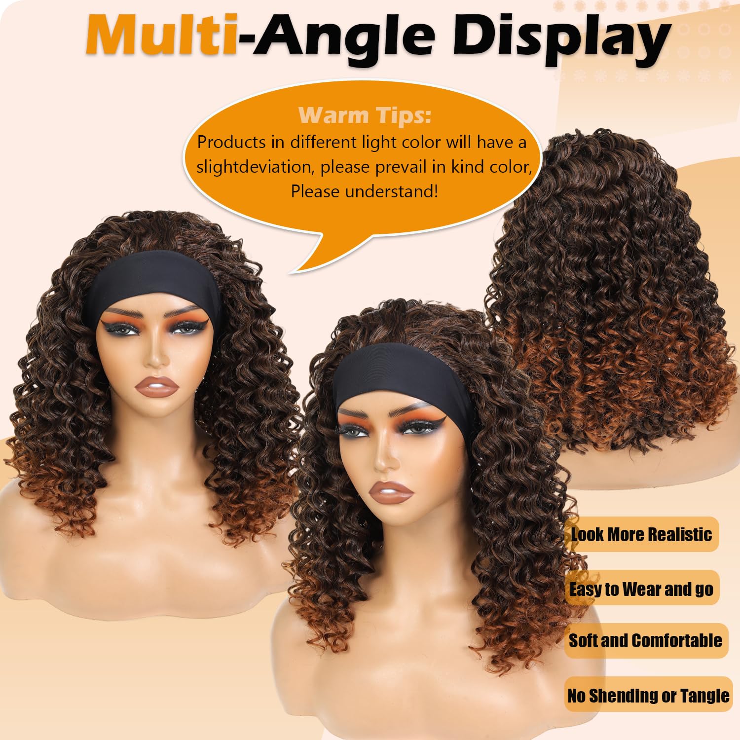 Headband Wig 14 Inch Deep Curly Wigs With Headband 180 Density Pure Protein Close to Human Hair Glueless No Lace Wear and Go Curly Wigs for Black Women (#Ombre Brown)