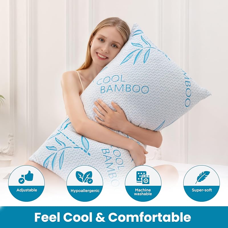 ComfySleep Queen Size 2 Pack Rayon Made from Bamboo Pillows for Sleeping, Cooling Shredded Memory Foam Adjustable Bed Pillow with, Removable/Washable Cover (Queen 2 Pack)