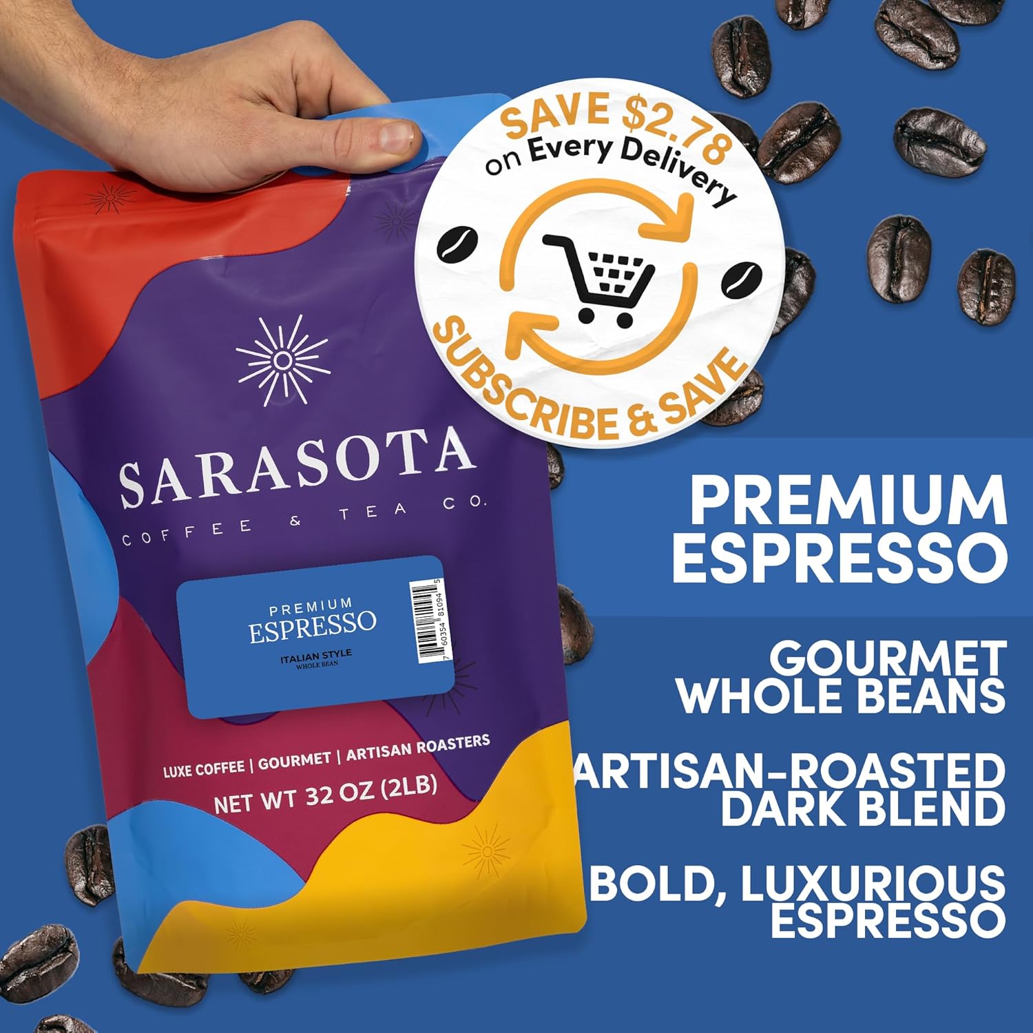 2 lb Espresso Whole Bean Coffee | Dark Roast Espresso Coffee Beans | Bold Strong Bulk Beans | Specialty Grade | 32 oz