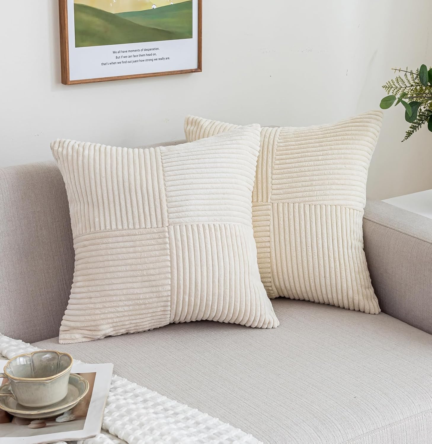 Pack of 2 Corduroy Christmas Decorative Throw Pillow Covers 20x20 Inch Boho Spliced Pillow Covers Farmhouse Modern Home Decor Lumbar Pillowcase for Sofa Living Room Couch Bed Beige