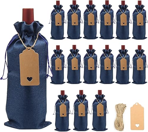DIWNELEM Paquete de 16 bolsas de vino de arpillera, bolsas de regalo de vino de yute con cordón, se adapta a botellas regulares de 25.4 fl oz,