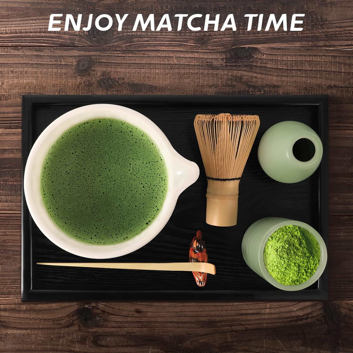 Artcome Japanese Matcha Tea Set, Matcha Bowl with Pouring Spout, Black Tea Tray, Matcha Whisk, Ceramic Whisk Holder, Matcha Powder Caddy, Handmade Matcha Ceremony Kit For Japanese Tea Ceremony (10Pcs)
