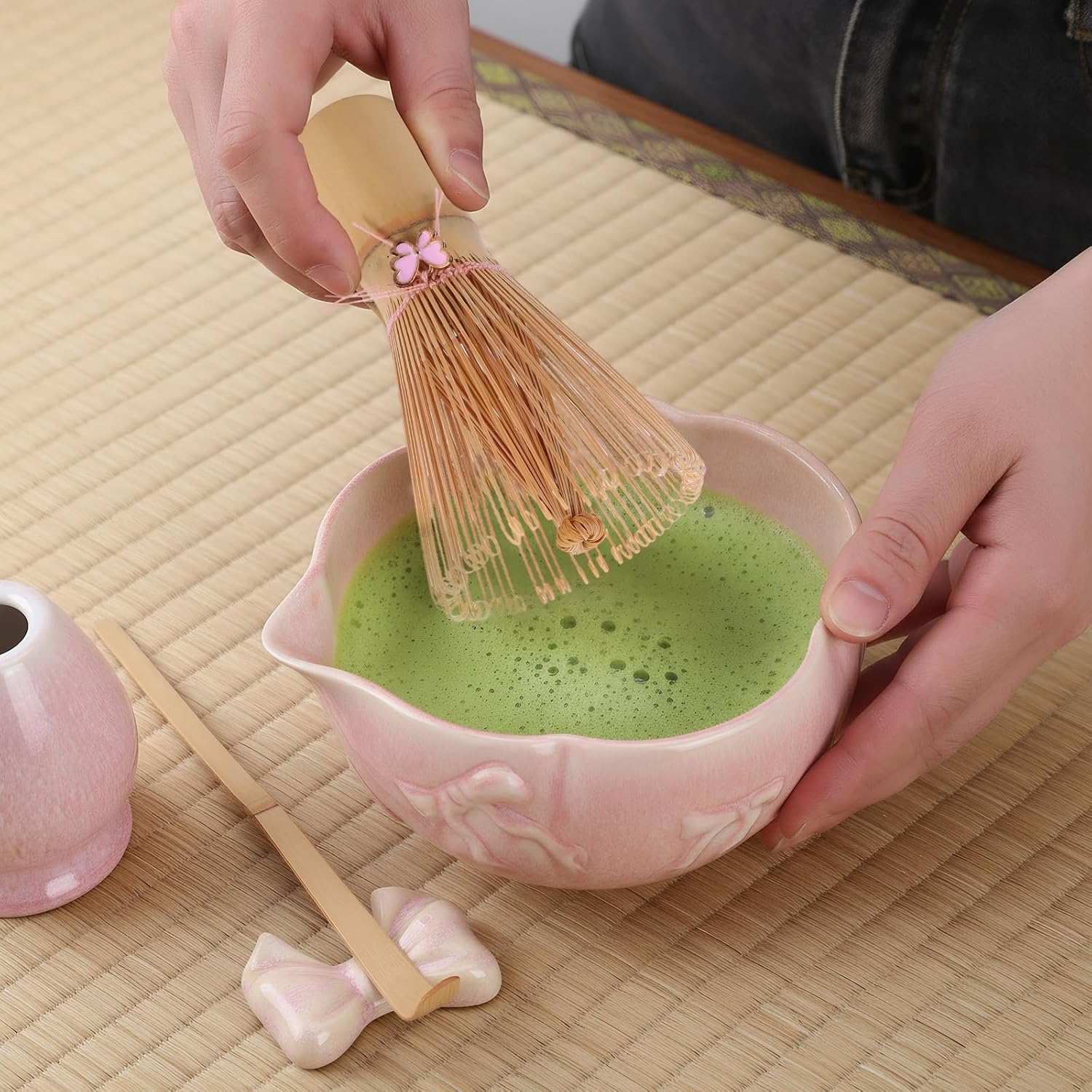 7pcs Traditional Tea Set with Bamboo Whisk Bowl Strainer & Accessories Cute Matcha Whisk Bowl Set Ceramic Gift for Daily Ceremony