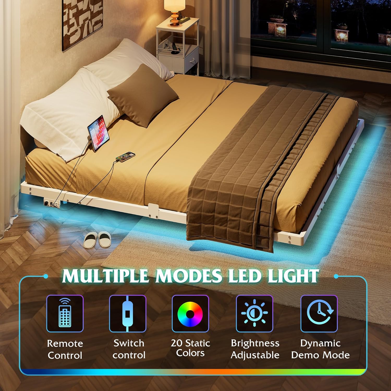 WLIVE Floating King Bed Frame, 1500Lbs Heavy Duty Metal Platform with LED Light and Charging Station, No Box Spring Needed, Easy Assembly, No Noise, King Size, White