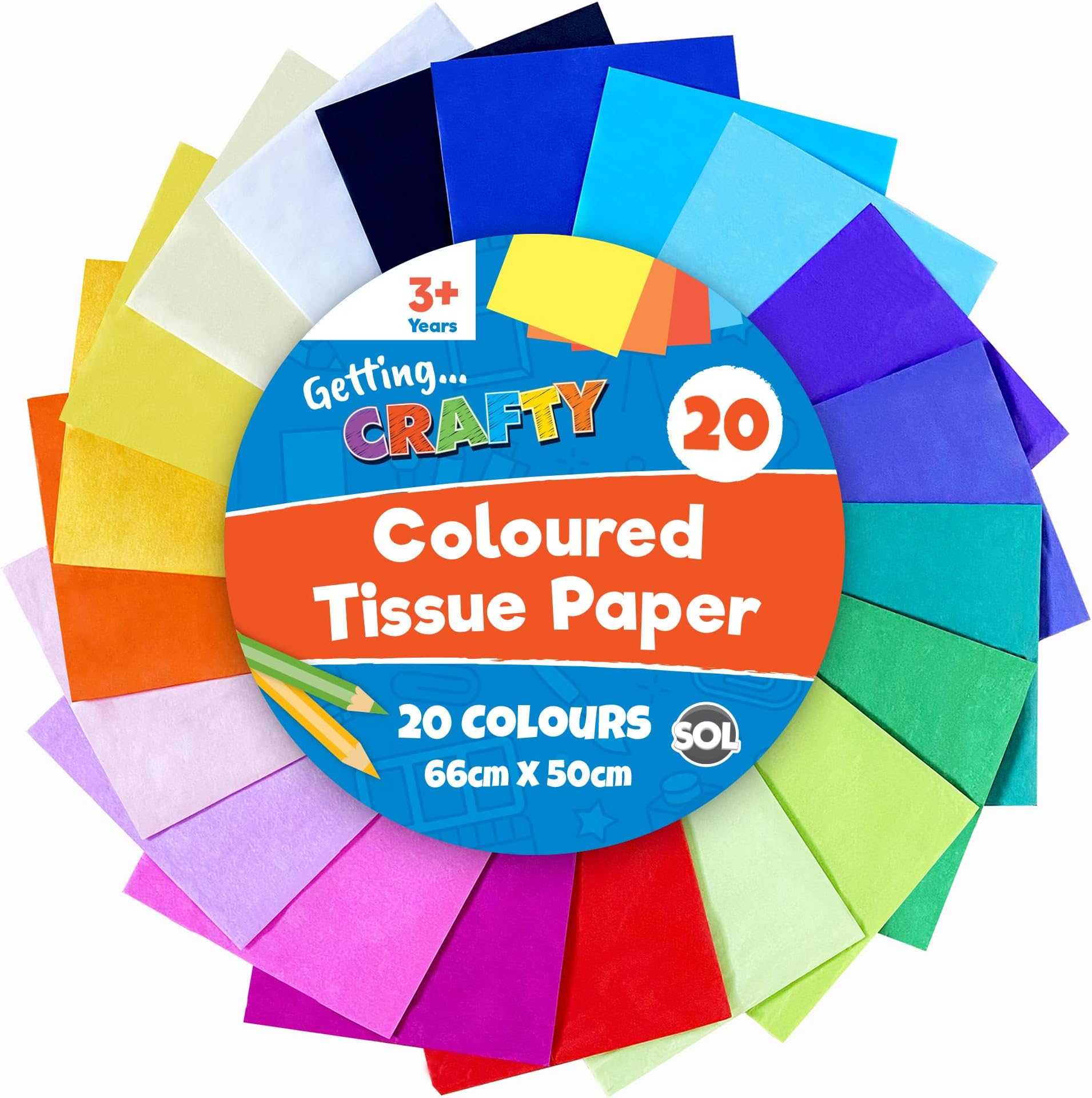 SOL 20pk Coloured Tissue Paper for Wrapping Gifts 66x50cm Sheets for Packaging, Crafting for Kids, Arts, Gift Boxes & Bags - Bright Rainbow Coloured Art Papers, Gift Wrapping & Party Decorations