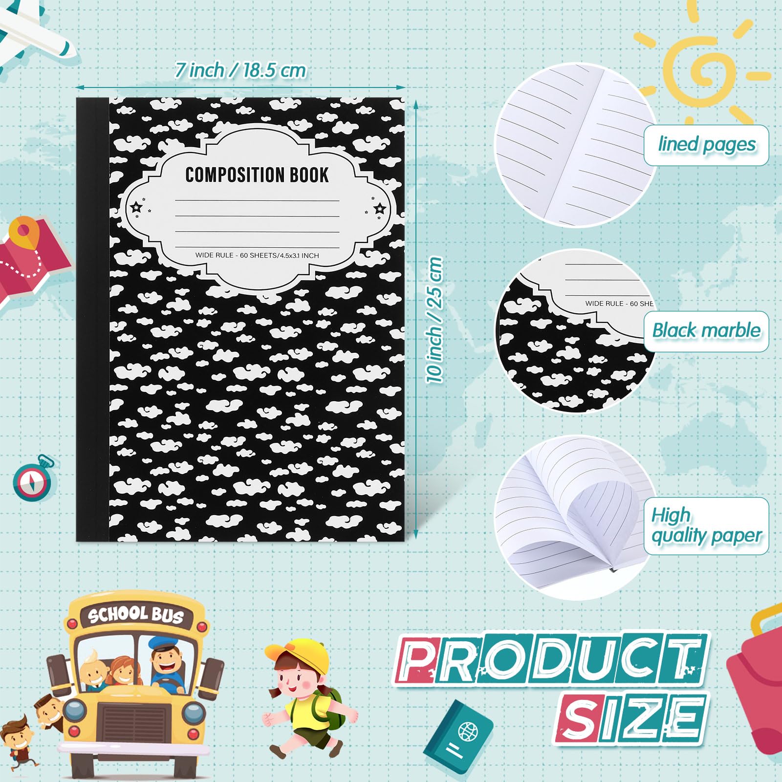 Colarr Confezione da 48 quaderni per composizione, 17,8 x 25,4 cm, a righe strette, carino, tascabile, per bambini, studenti, università, scuola, casa, ufficio