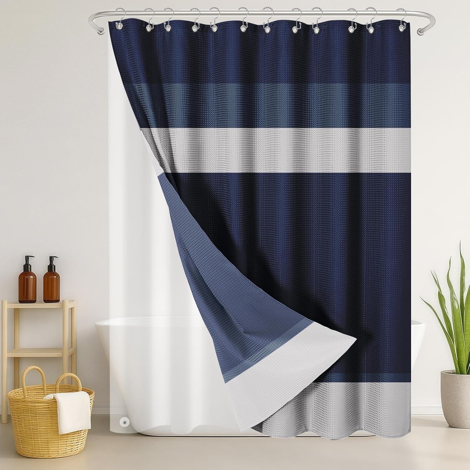 Shower Curtain and Liner, Navy Blue Striped 3 in 1 Shower Curtain and PEVA Liner Set with 12 Rust-Resistant Metal Hooks, Waterproof Fabric Shower Curtains for Bathroom, 72 W x 72 H