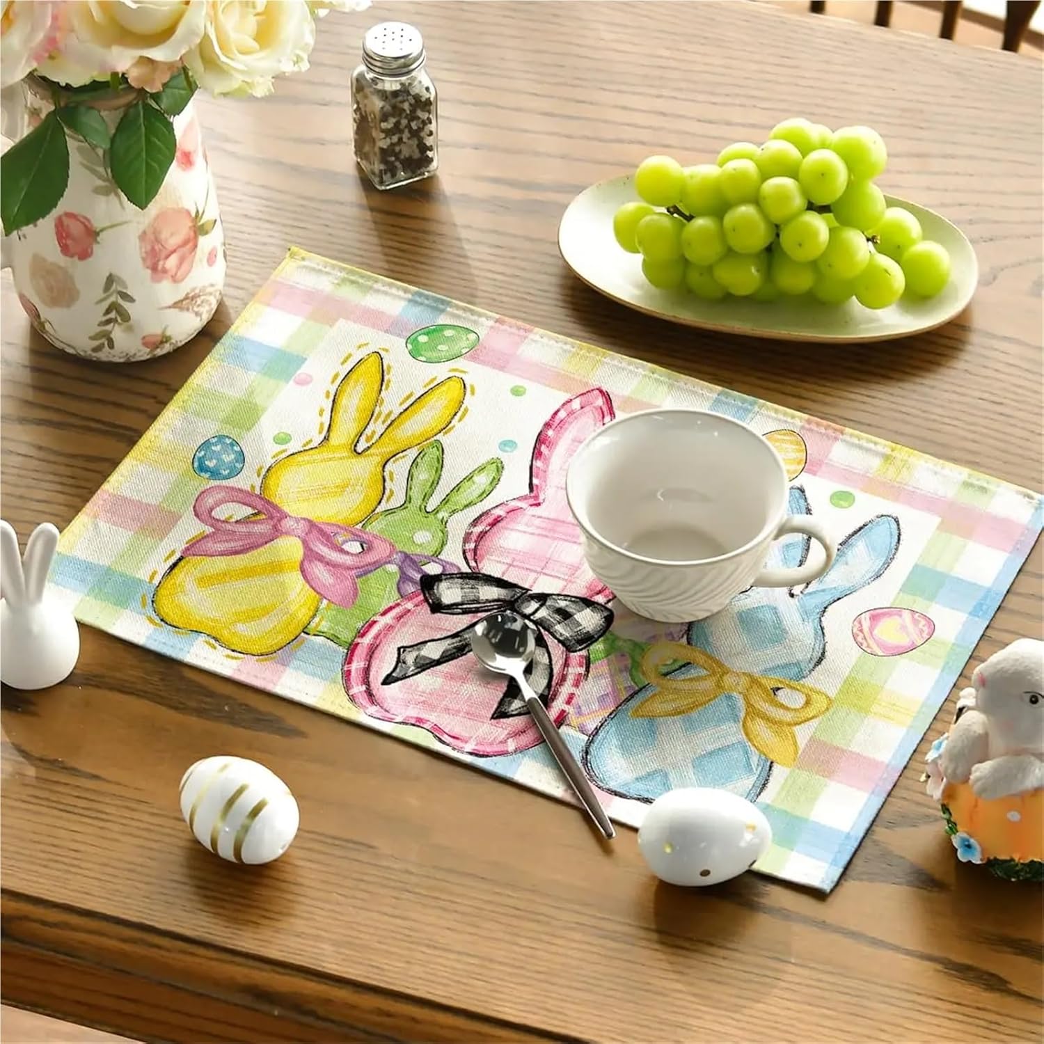 Colorful Buffalo Plaid Bunny Rabbits Happy Easter Placemats Set of 4, 12x18 Inch Spring Holiday Table Mats for Dining Decor(7)