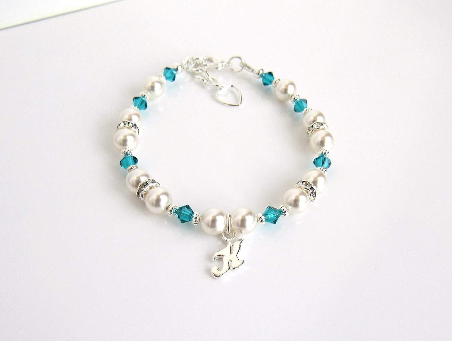 March Birthstone Bracelet for Girls and Women, Sterling Silver Initial Charm Bracelet, Personalized Jewelry, Pearl Beaded Adjustable, Graduation Birthday Gifts for Girls, Choice of Colors and Size