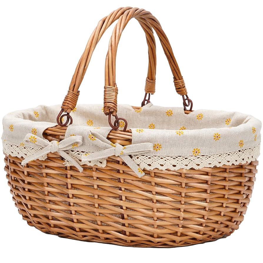 Wicker Basket With Handle Wicker Willow Picnic Basket With Double Drop-Down Handles - Perfect As Gift Basket For All Occasions Like Halloween, Thanksgiving And Easter, With Liner Wicker Garden Basket
