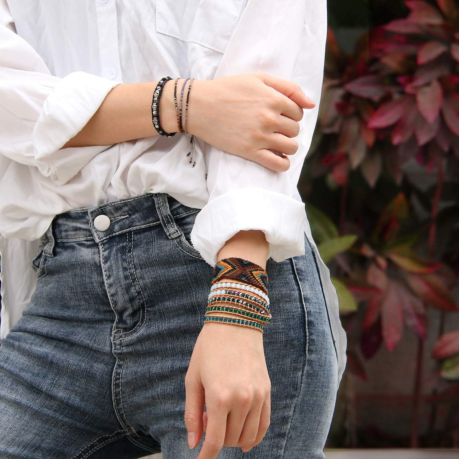 KELITCH 925 Silver Skull Bracelets Wrap Bracelets Women Crystal Beaded Bracelets on Natural Leather