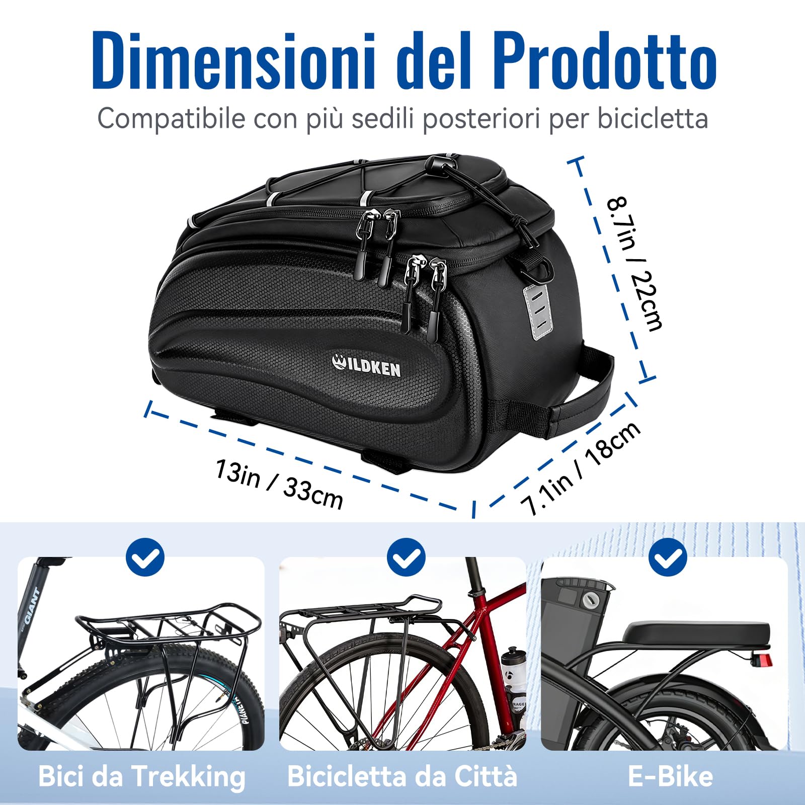 WILDKEN Borsa Portapacchi Bici Posteriore, 12L Nero Impermeabile e Riflettente Borse Portapacchi Bici, con Maniglia e Cinghia Regolabile, Borse per Bicicletta Posteriori per MTB, Bici da Strada