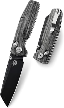 BESTECH KNIVES Pocket Folder Folding Knife 3.07" D2 Steel Black Cleaver Blade, Micarta Scales, Thumbstud, B-Lock, EDC Steel Clip, BG43A-2 Black Micarta