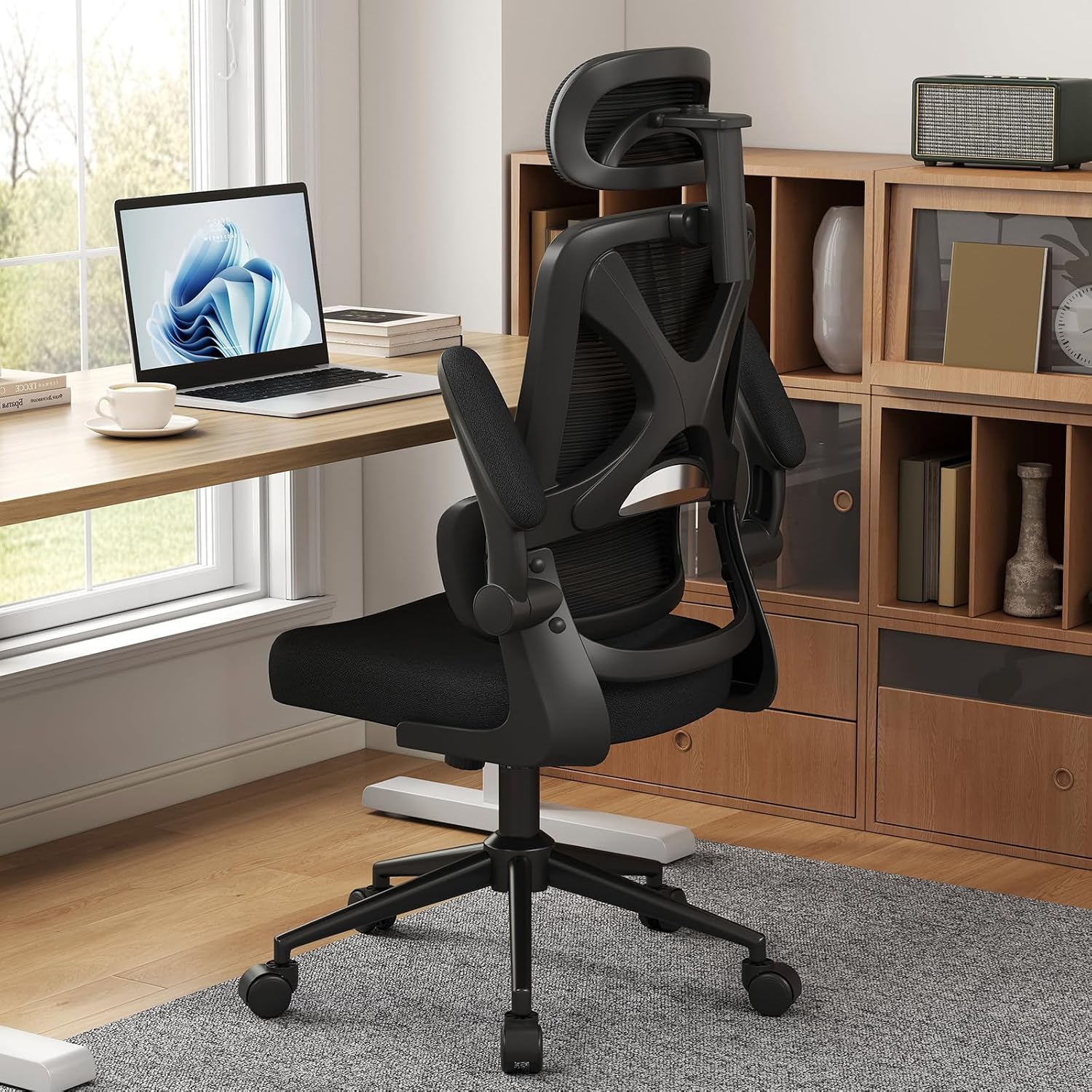 Ergonomic Office Chair - Desk Chair with Adjustable Headrest Lumbar Support Computer Chair - Mesh Comfy Chair with Flip-up Armrests - Gaming Chairs for Adults Home Office (Black+Black)