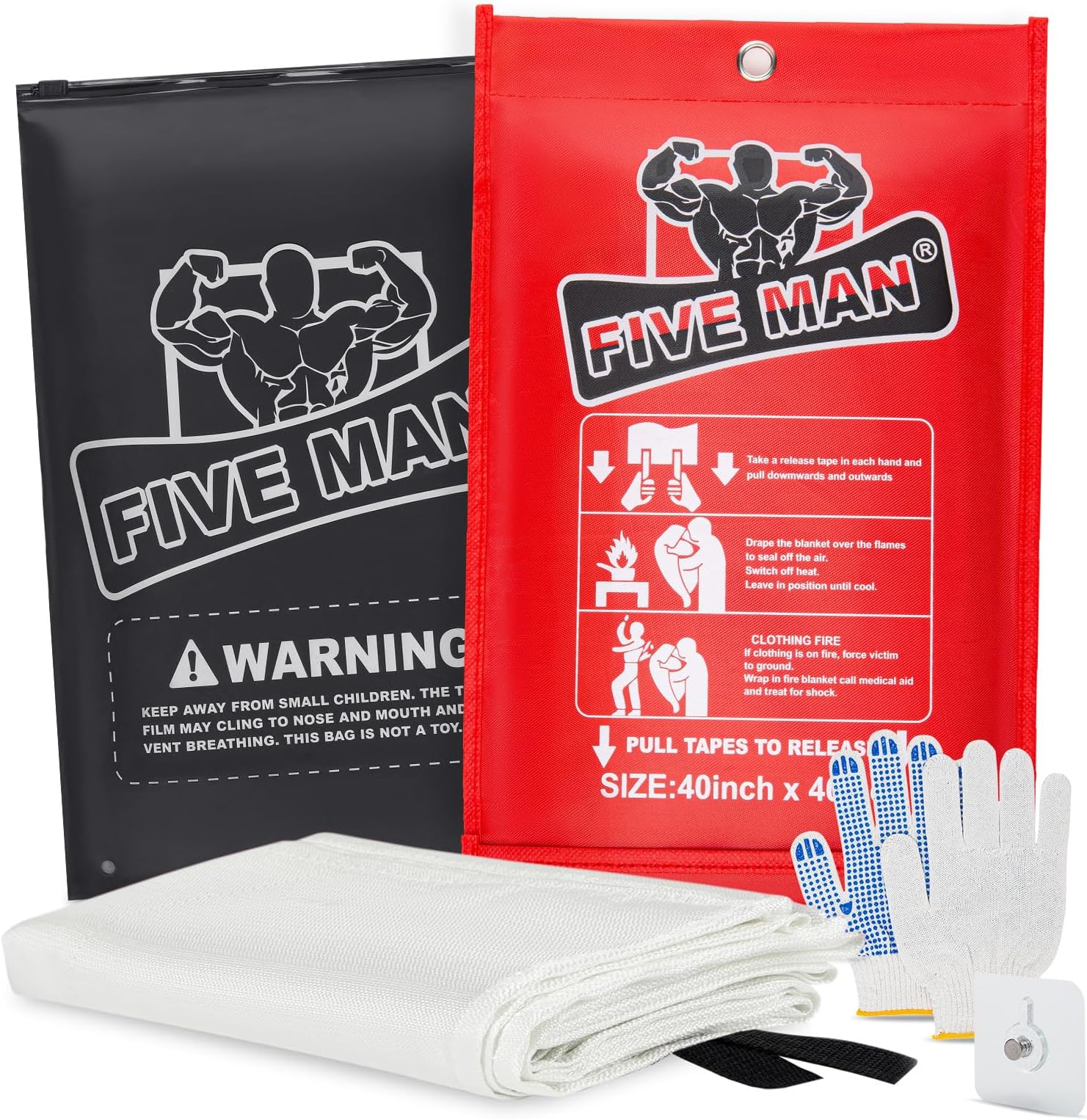 Emergency Fire Blanket for Home Kitchen -40"x40"- Flame Fiberglass Fire Blankets for House Camping Car Office School Emergency Survival Safety - with Blanket Hook and Glove (1-Pack)