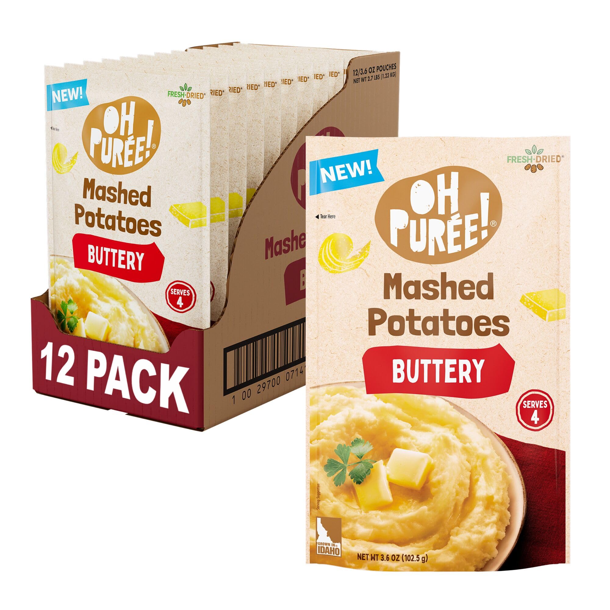OH PURÉE! Buttery Mashed Potatoes, 4-servings, 3.6oz (Pack of 12), Gluten Free; Dairy Kosher; Vegetarian; No Artificial Flavors; No Artificial Colors; Made with 100% REAL Idaho Potatoes