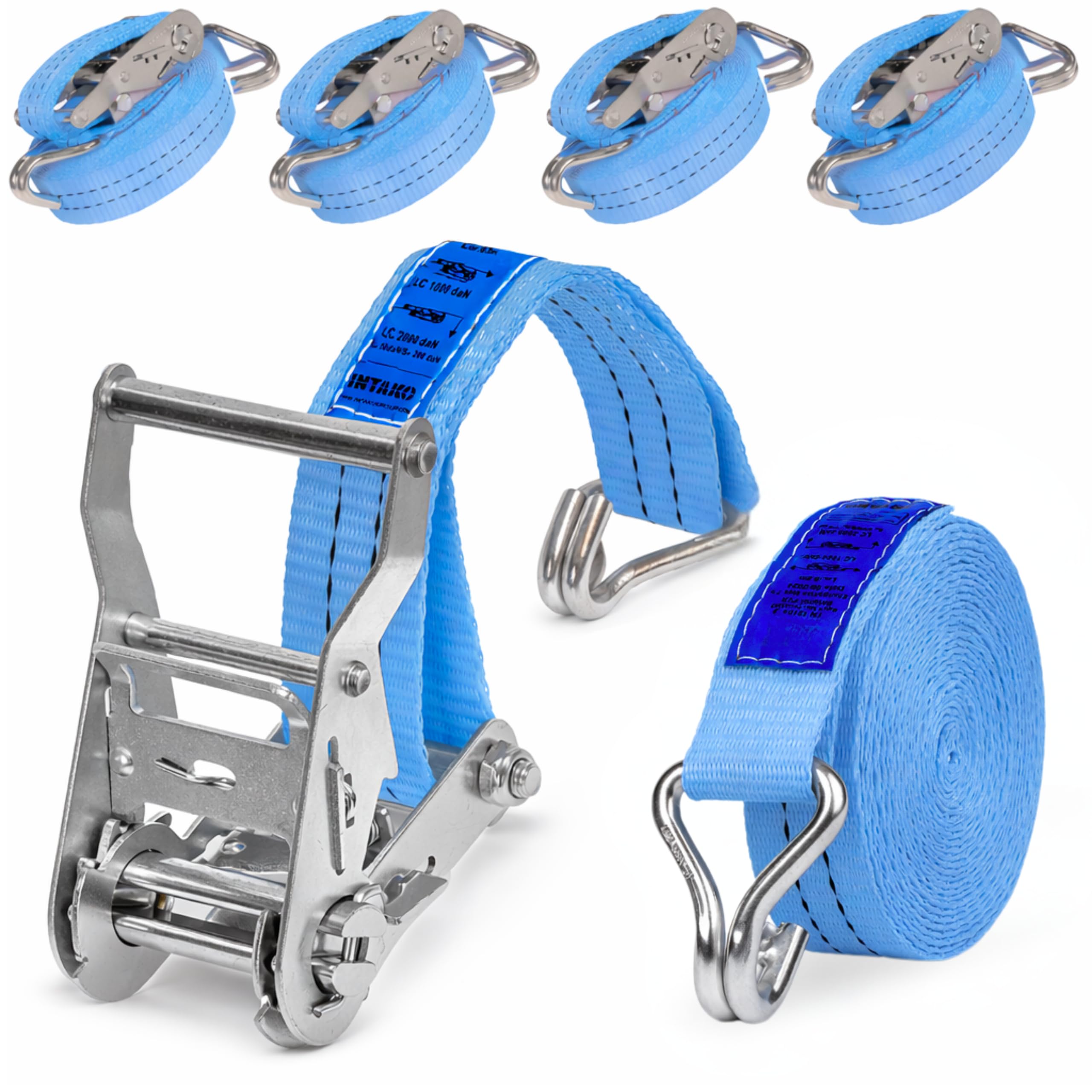 Spanngurte mit Ratsche und Haken - 4 m / 6 m / 8 m - 2000 kg 35 mm - 4 Stück - Ratschen Set - Ratschengurt 2-teilig - Zurrgurt Blau (6m)