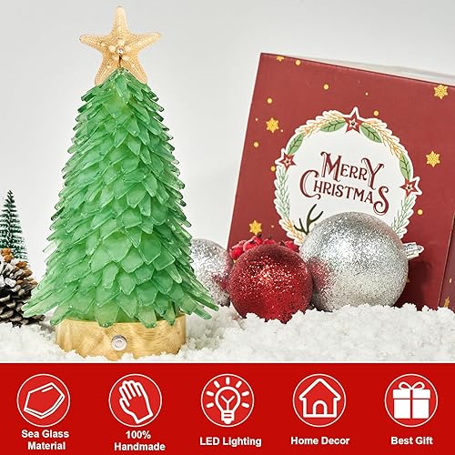 Miniatura 3 de Árbol de Navidad de cristal de mar verde, mini árbol de Navidad hecho a mano con luces LED de 3 colores, centro de mesa, ideal para Navidad, Año