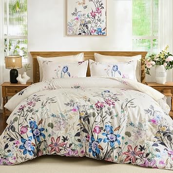 WONGS BEDDING Floral Comforter Set Queen 7 Piece Beige Bedding