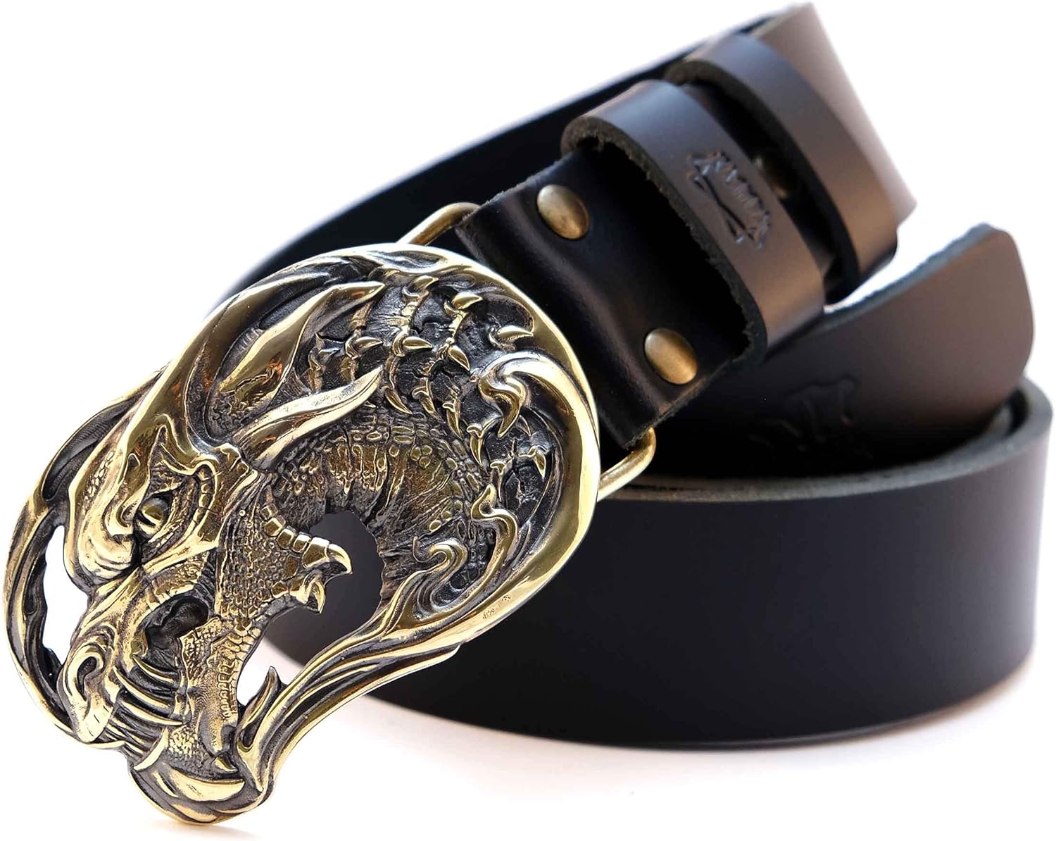 Leather belt with belt buckle Dragons Head, Handmade Jormungandr head solid brass belt buckle on leather belt