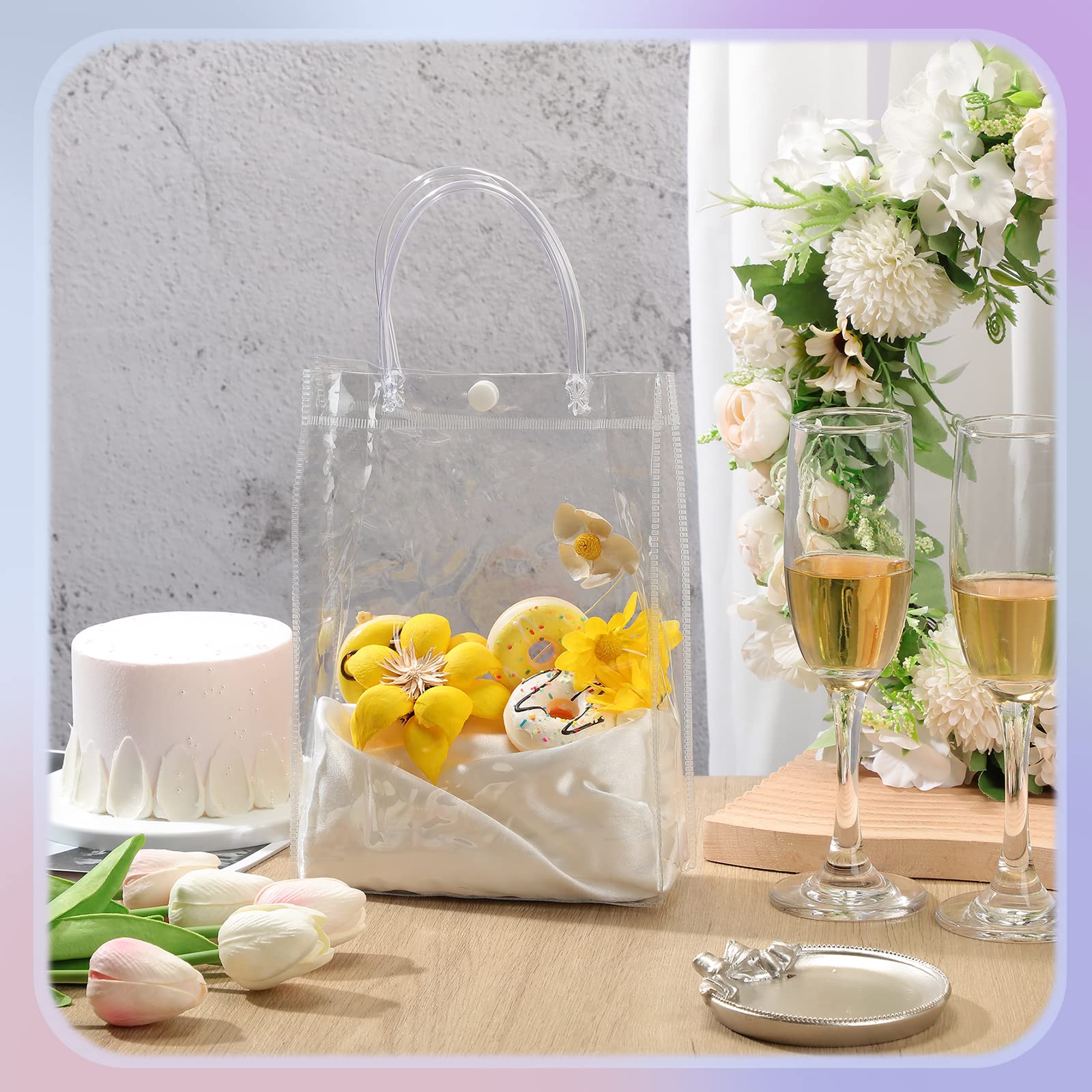 Saintrygo Clear PVC Gift Bags with Handles Reusable Plastic Wrap Tote Transparent Shopping Bags for Christmas Party Favors Weddings Merchandise Retail Small Business, 9 x 6.7 x 2.6 Inches(100 Pieces)