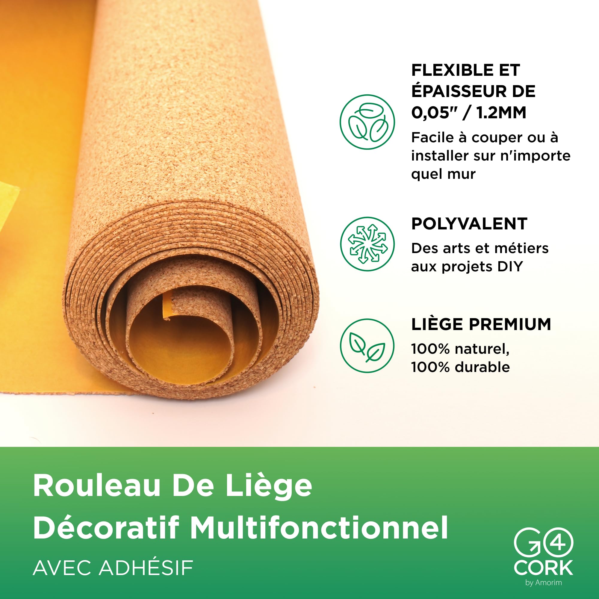 Go4Cork Rouleau de Liège Adhésif Premium – 45 x 300 cm | 100% Liège Naturel | Autocollant Écologique | Isolation Acoustique & Thermique | Loisirs Créatifs, Maison, École & Bureau | Pose Facile