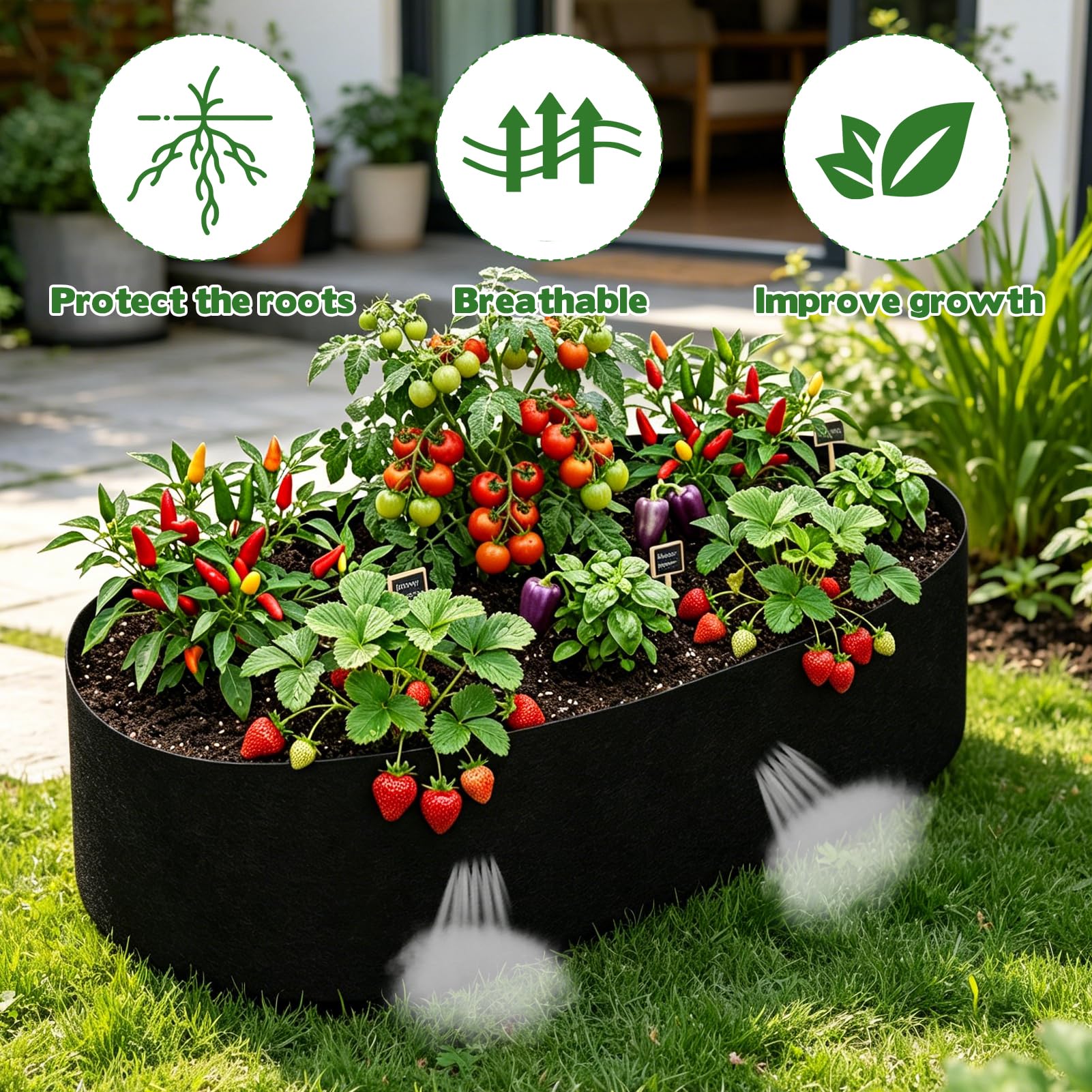 Lot de 2 sacs de revêtement de parterre de jardin surélevés, ovales et respirants, 1,2 x 0,6 x 0,3 m, avec clips et gants, sacs de culture pour plantation de légumes, fleurs et herbes