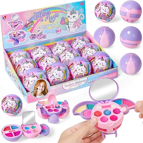 Paquete de 12 Bolas Ciegas de Maquillaje para Niños Favores de Fiesta - Bolas Ciegas Sorpresa de Cosméticos con Brillo de Labios, Sombra de Ojos y