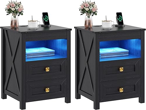 Miniatura 21 de Mesita de noche LED con cajón para pistolas: mesita de noche con estación de carga para muebles de dormitorio, mesita de noche de granja con 3 91061
