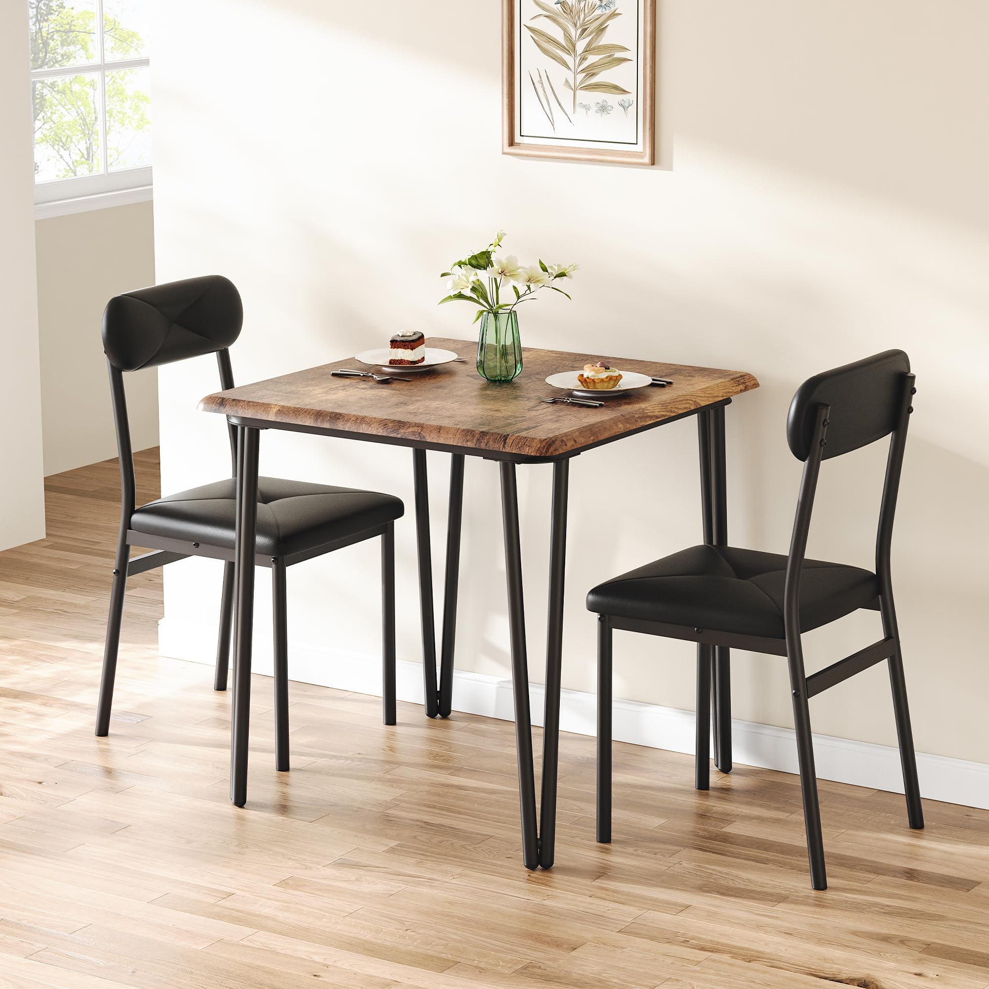 Zstar Ensemble Salle à Manger Compact 2 Personnes – Table carrée Moderne avec 2 chaises rembourrées – Structure métal Robuste – Idéal Petit Espace, Appartement, Style rétro – Couleur : rétro