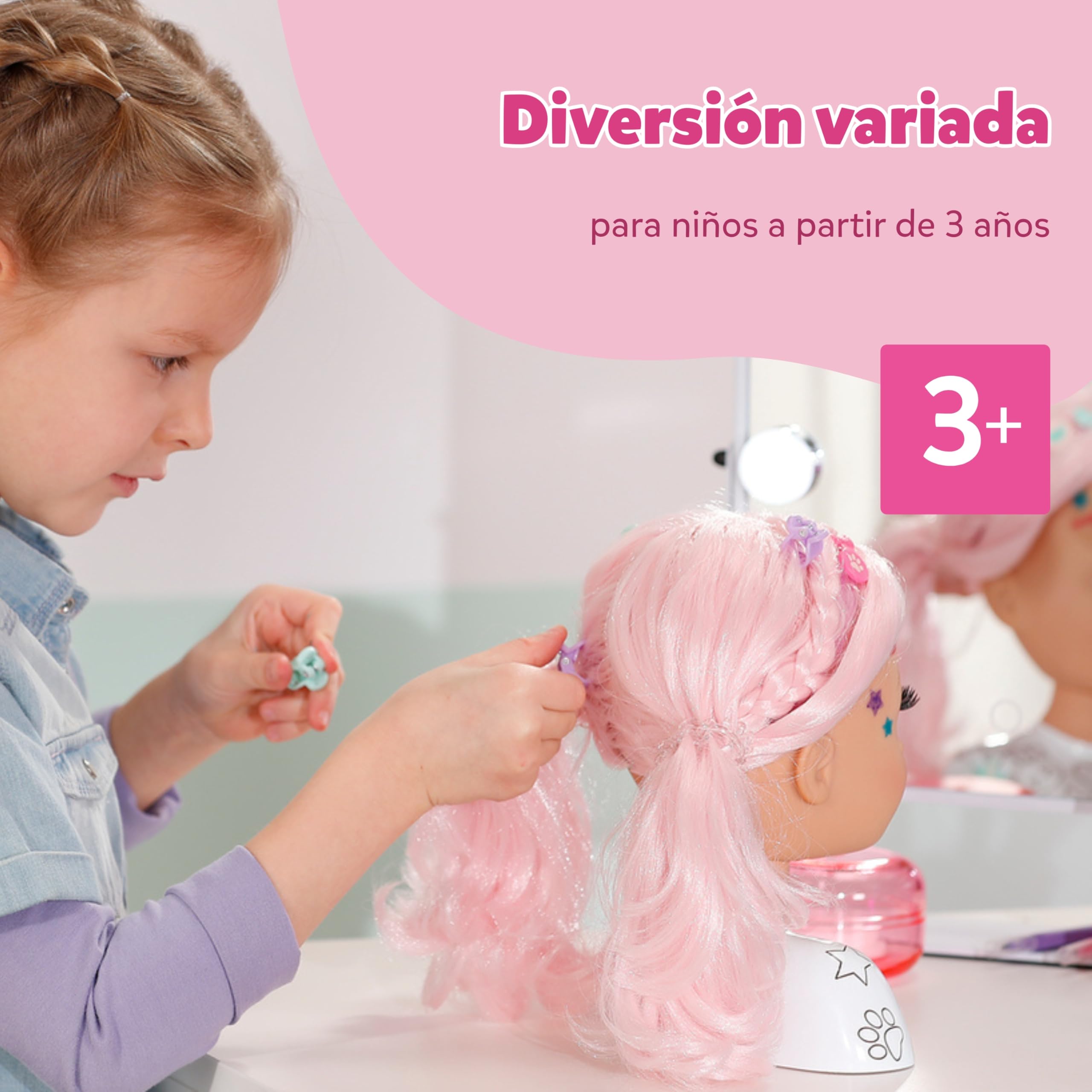 Baby Born Styling Cabeza Creativa – con Pelo Rosa, rotuladores y más de 20 Accesorios. para niños a Partir de 3 años