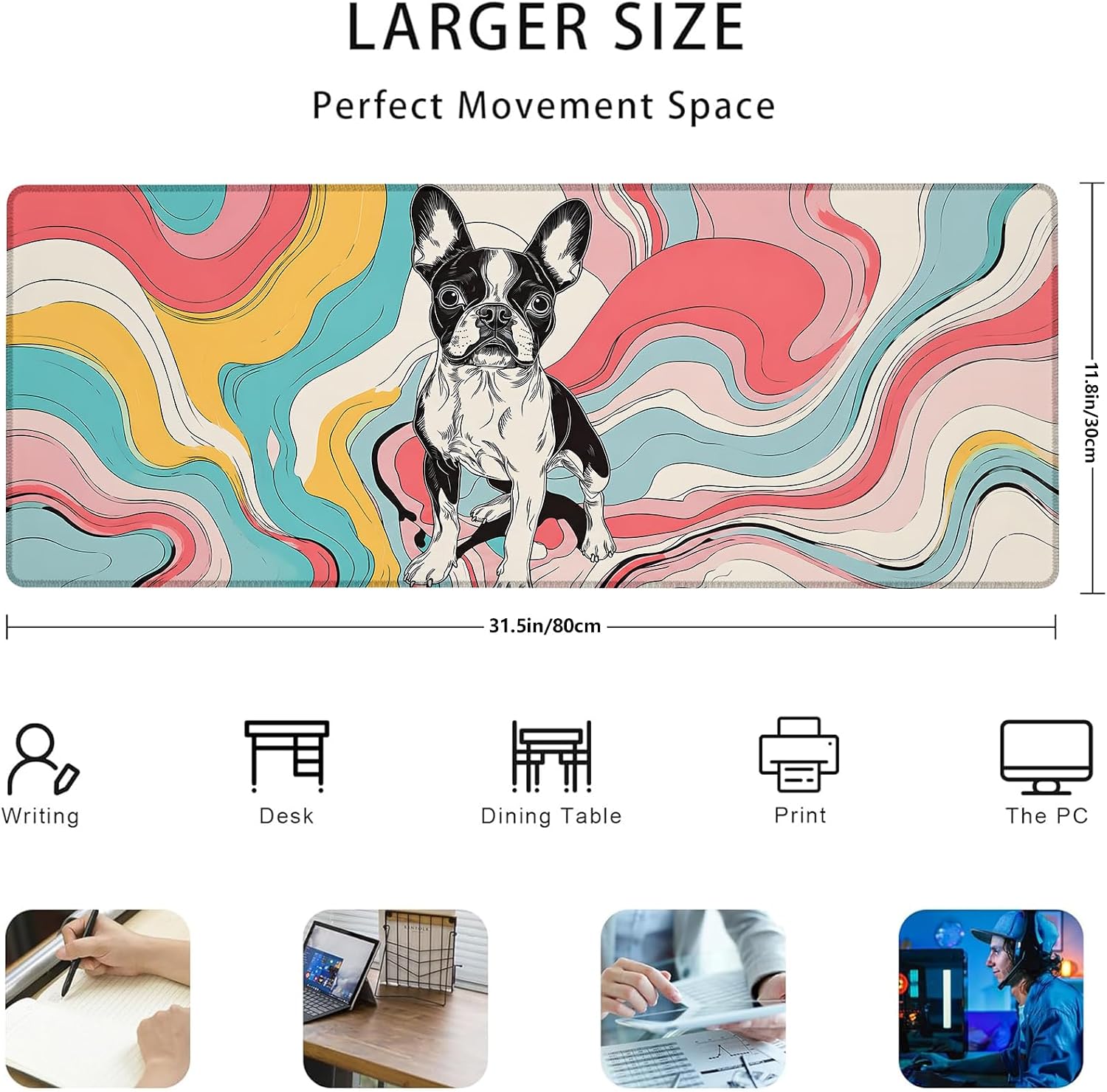 Boston Terrier Mouse Pad Gifts 31.5" x 11.8", Non-Slip Rubber Base MousePads for Computers Laptop School Office Home Accessories Decor, Mouse Pad, Keyboard Desk Mat image 3