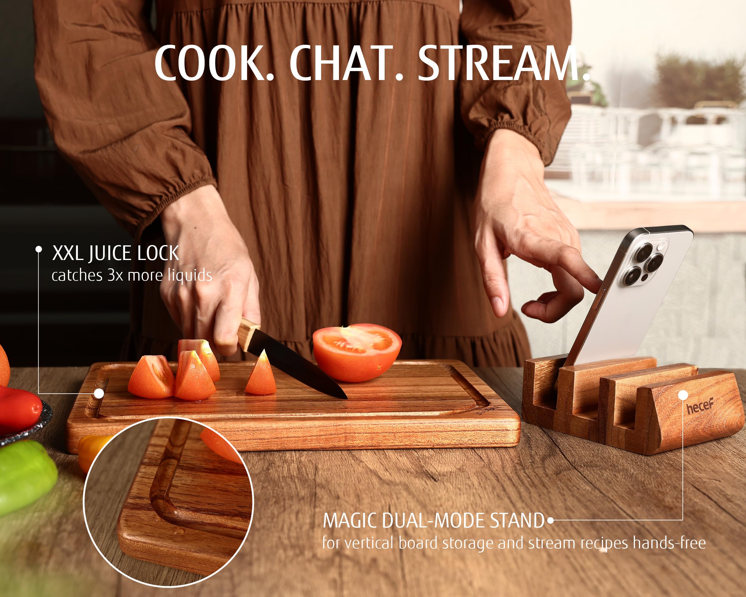 hecef Set di taglieri da cucina in legno con supporto, reversibili per taglio/servizio, scanalature raccogli-succhi e maniglie, 3 pezzi (piccolo, medio, grande) per carne, pane, salumi e formaggi