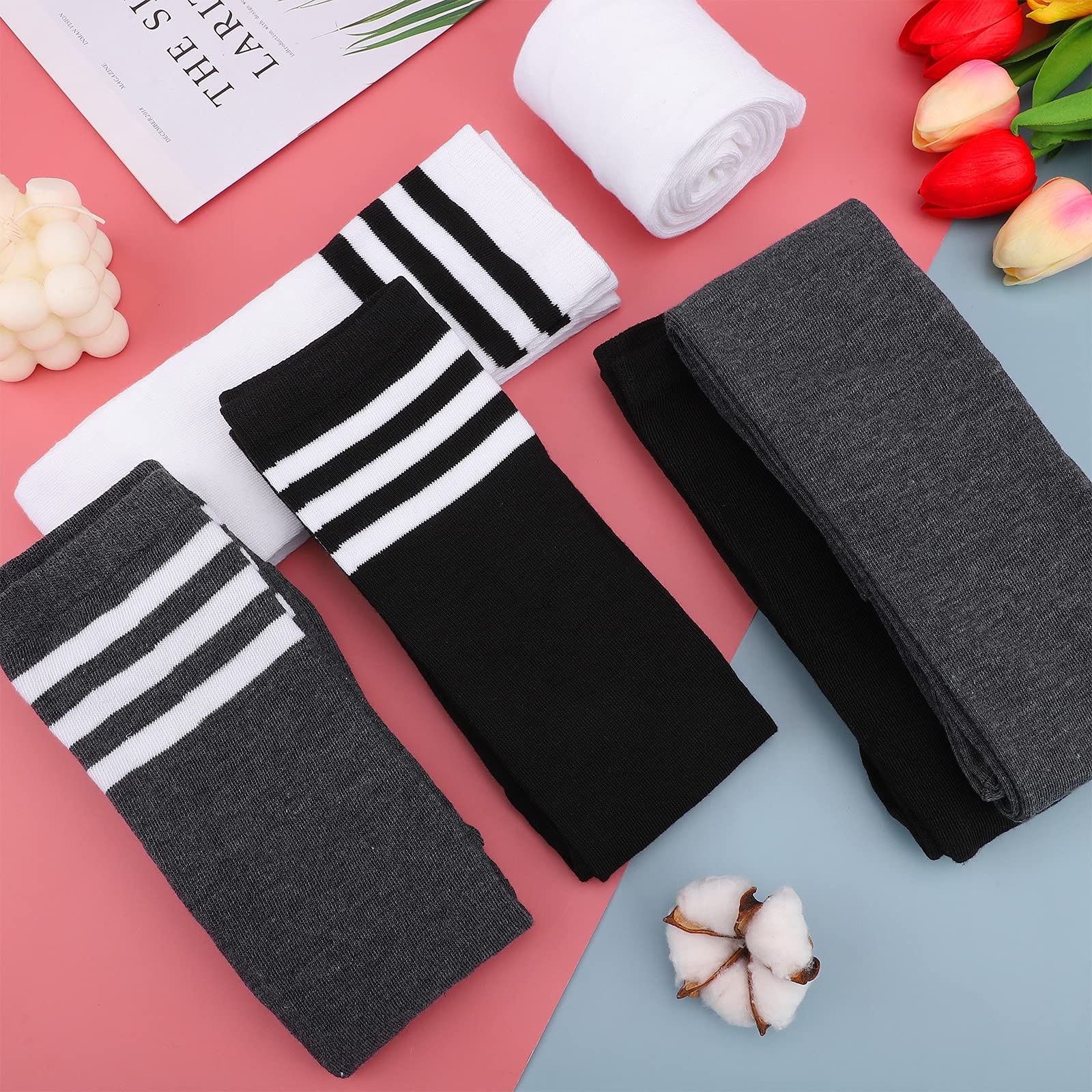 Aneco 6 Pairs Extra Long Socks Long Boot Stockings Thigh High Socks for Women: One Size Black, White, Dark Gray Stripe Colors, Pure Colors