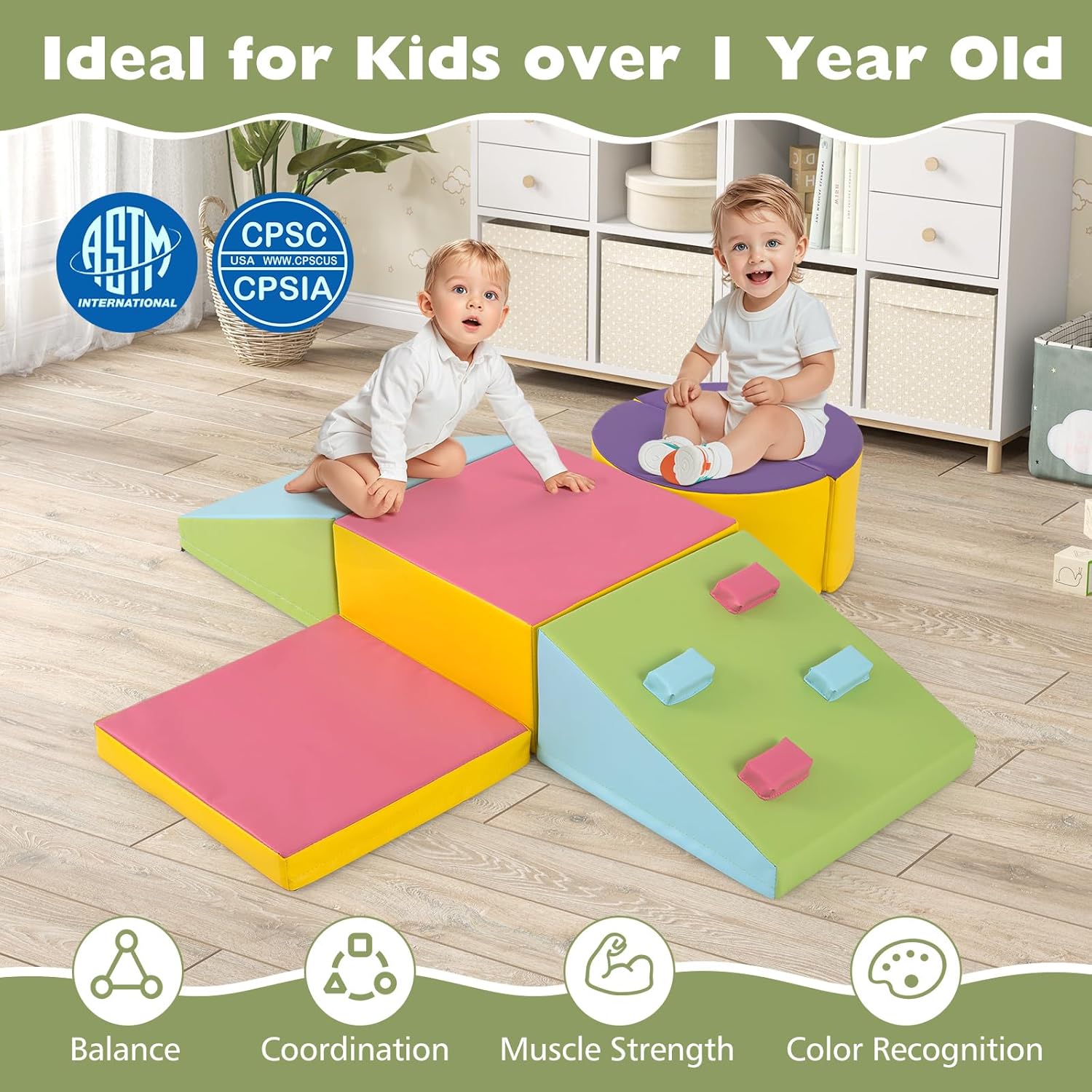 HONEY JOY Toddler Climbing Toys Indoor, 6-Piece Soft Climbing Foam Block Activity Play Structure, Gym Equipment for Child Development, Waterproof & Easy to Clean Climb and Crawl Playset, Macaron